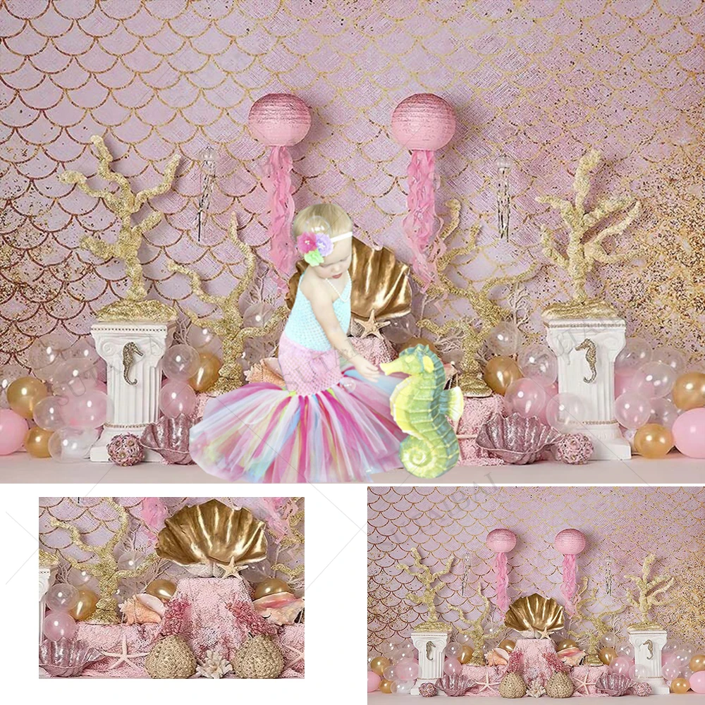 

Photography Background Pink Mermaid Under The Sea Ocean Shell Girl 1st Birthday Cake Smash Decor Backdrops Photo Studio Props