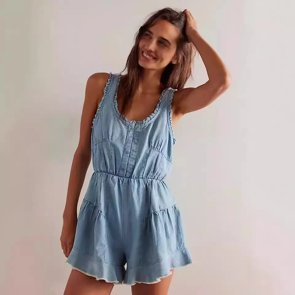 

Summer New Washed Women's Denim Jumpsuits. Ladies' New Fashionable and Sexy Hot Girl Casual Loose Sleeveless Short Jumpsuit