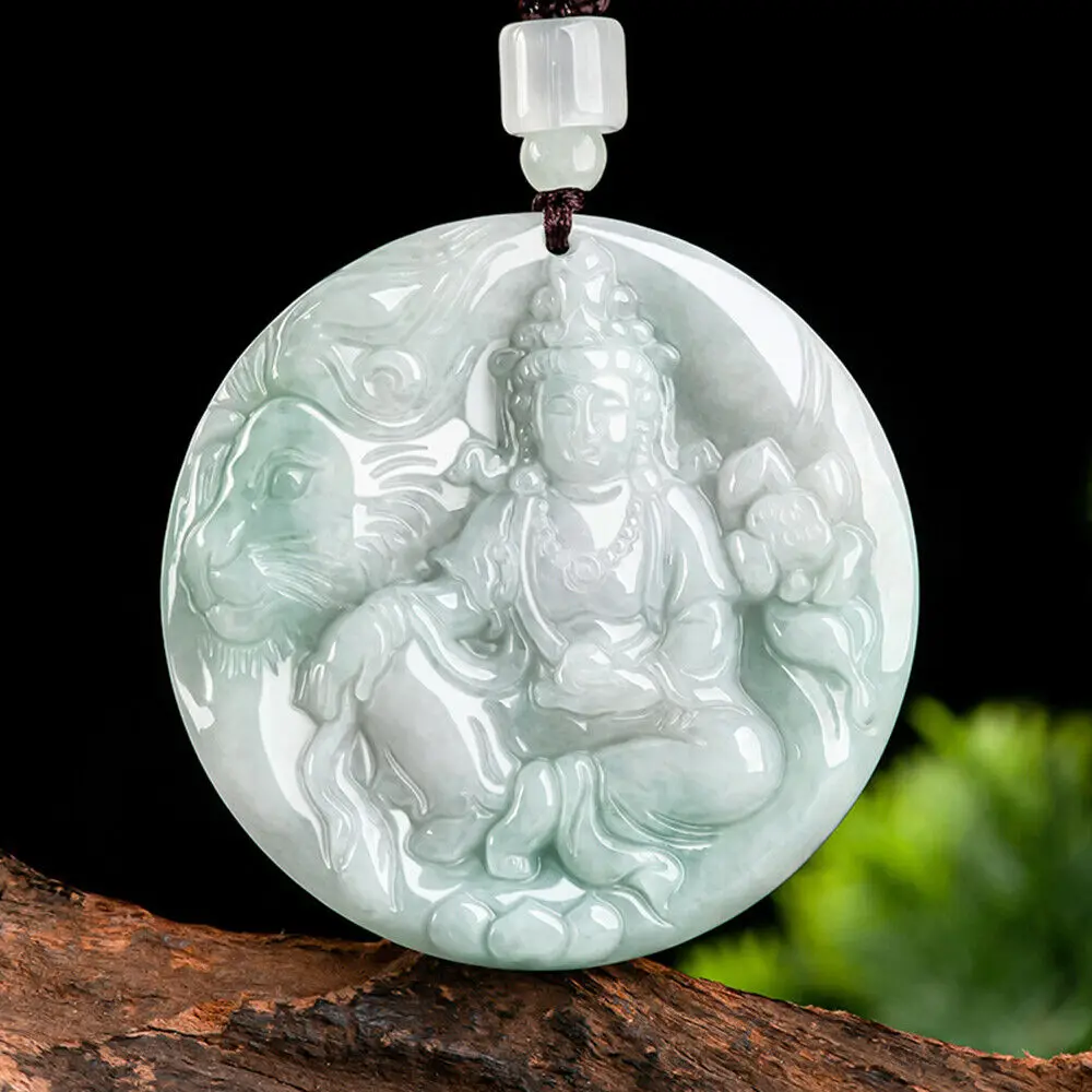 Fine 100% Natural Jadeite Luck Lotus Flower Guanyin Pendant Women Men Gift