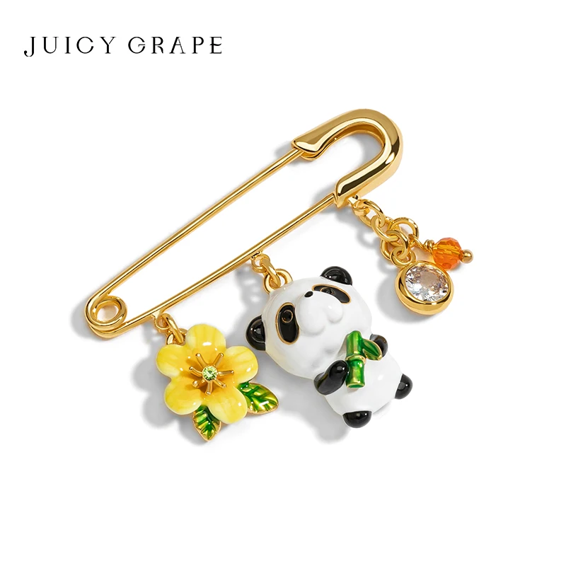 Juicy Grape Hand-Painted Enamel Cute Panda Brooch Safety Pin Gold Plated Floral Animal Lapel Pin Jewelry Gift for Women