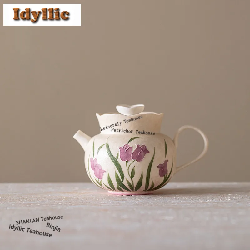 

130ml Stacked Painted Tulip Teapot Luxury Tea Infuser Pot Tea Brewing Kettle With Strainer Tea Services Accessories Decoration