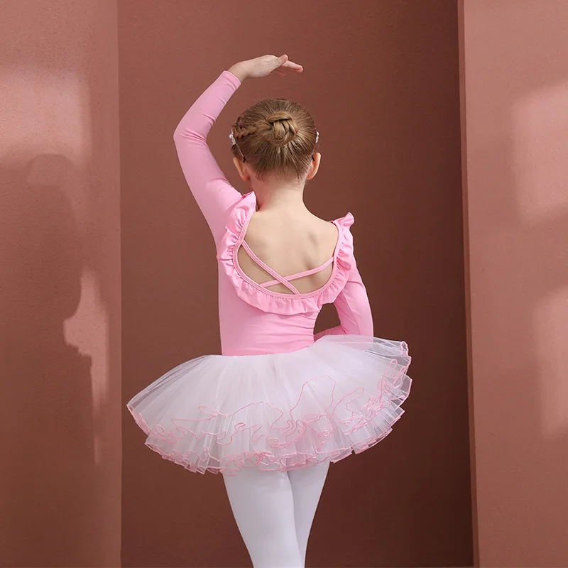 Girls Ruffle Collar Ballet Tutu Dress Bow Decor White Mesh Skirt Kids Soft Leotard for Dance Training Stage Performance