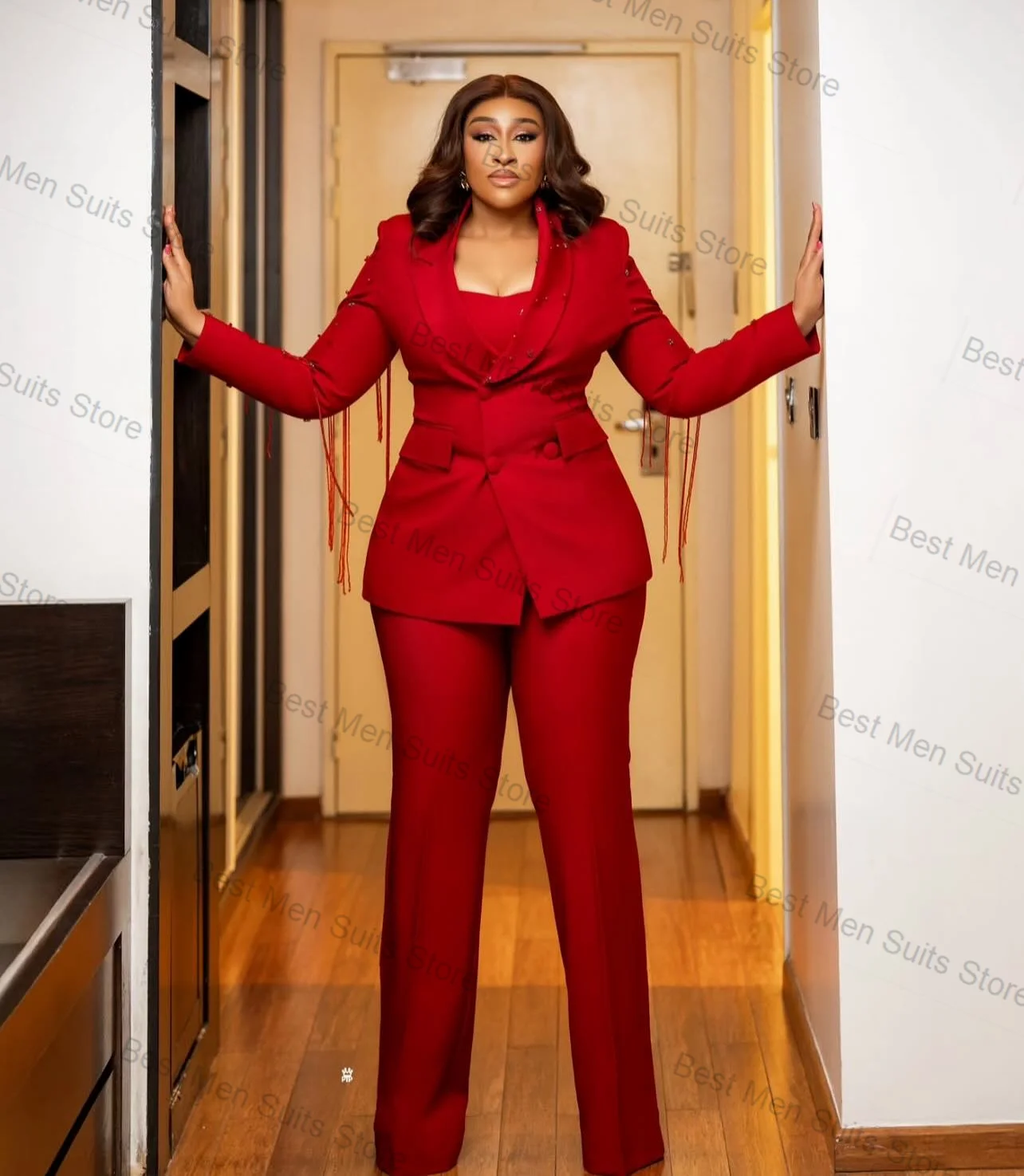 

Red Tassel Women Suit Pants Set 2 Piece Blazer+Straight Trousers Beaded Formal Office Jacket Cotton Customized Wedding Coat
