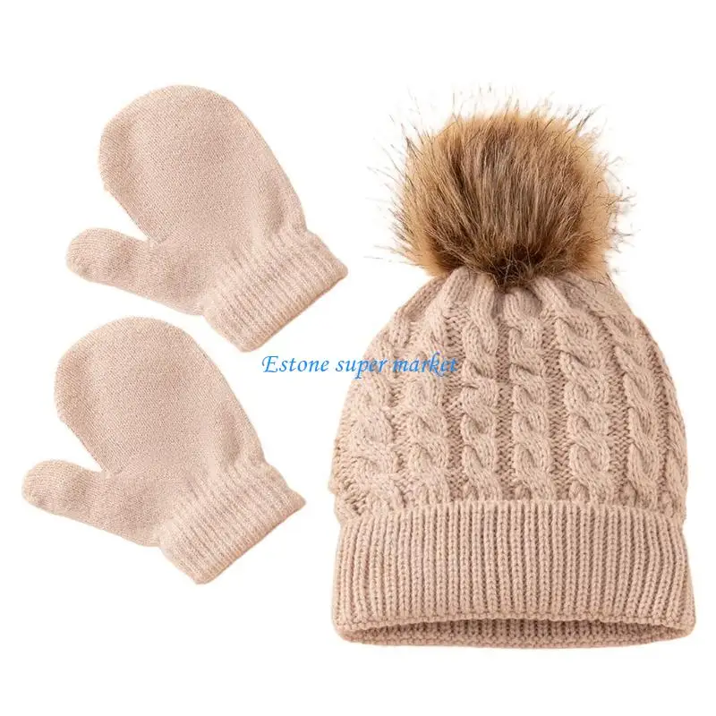 

090B Winter Warm Baby Solid Color Hat Gloves Set Fur Ball Knitted Cap Mitten