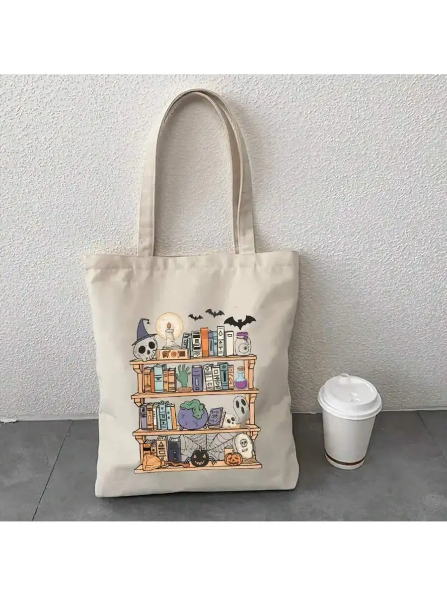 

Halloween Tote Bag With Spooky Bookshelf Print Bats Pumpkins Ghosts Beige Casual Carryall For Women
