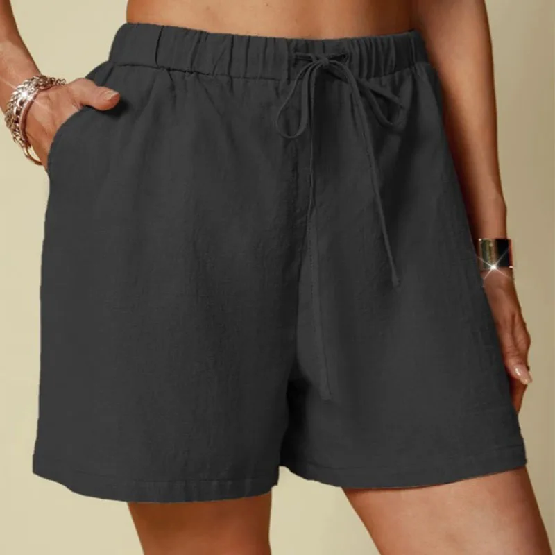 กางเกงขาสั้นผ้าฝ้ายและผ้าลินินสีพื้นทรงหลวมสบายเอวยางยืดผูกเชือกสำหรับผู้หญิงรุ่นใหม่ประจำฤดูร้อน