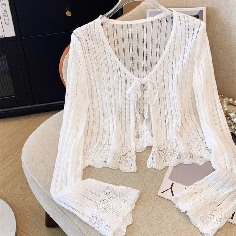 Cárdigan de punto con cordones y diseño calado, chaqueta de protección solar para mujer, ropa de abrigo fina para primavera y verano, chal superior.