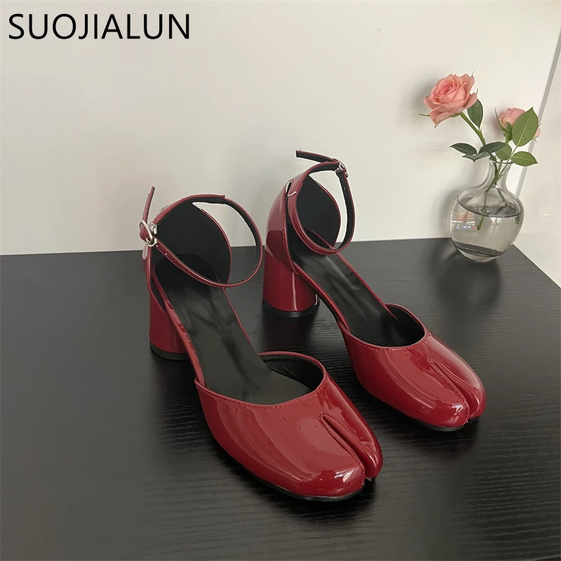 SUOJIALUN 2023 Summer New Women Women Sandal Fashion Split Toe Shallow Ladies Slingback Shoes Round Med Heel Dress Pumps Shoes