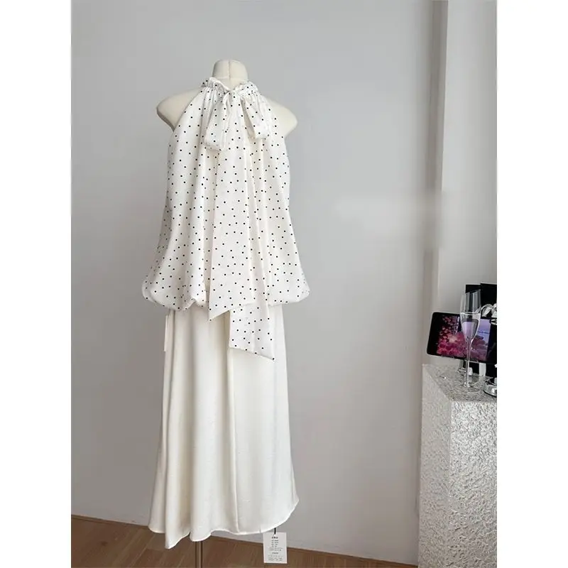 Women's Light Blue White Polka Dot Halter Neck Two Piece Dress Elegant Casual Midi Skirt Set