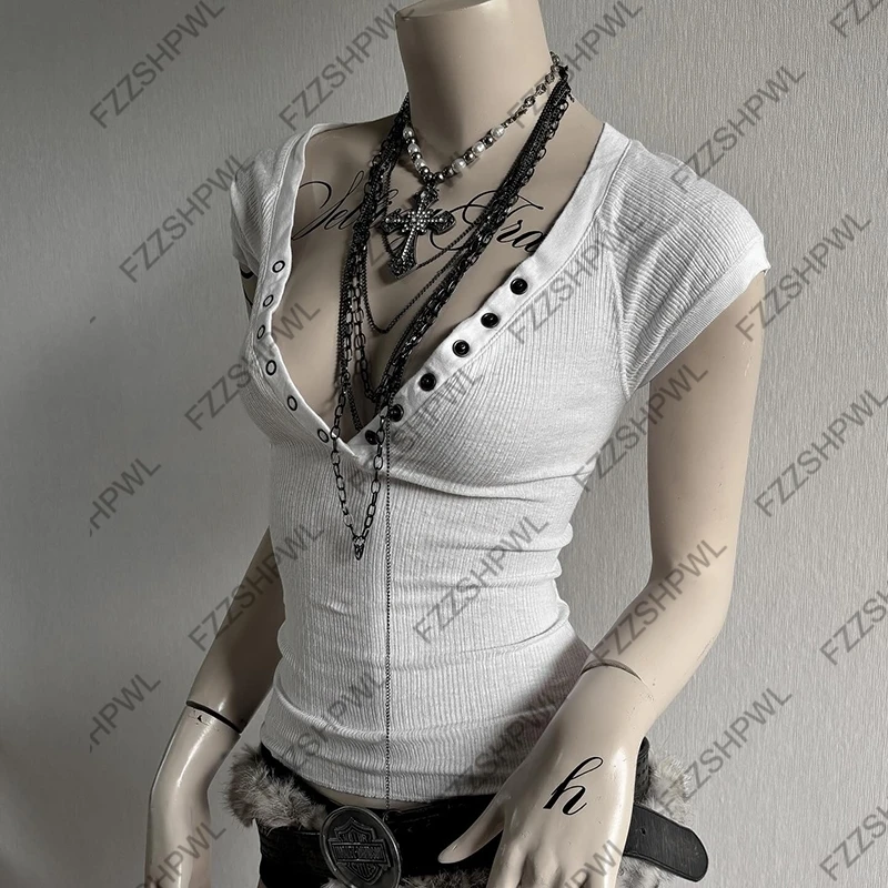 حار بنات Y2k المحاصيل الأعلى زر Harajuku بلون سليم الشارع الشهير روك القوطي تي شيرتات قصيرة الاكمام فاسق فريد الهيب هوب الطفل المحملة #3