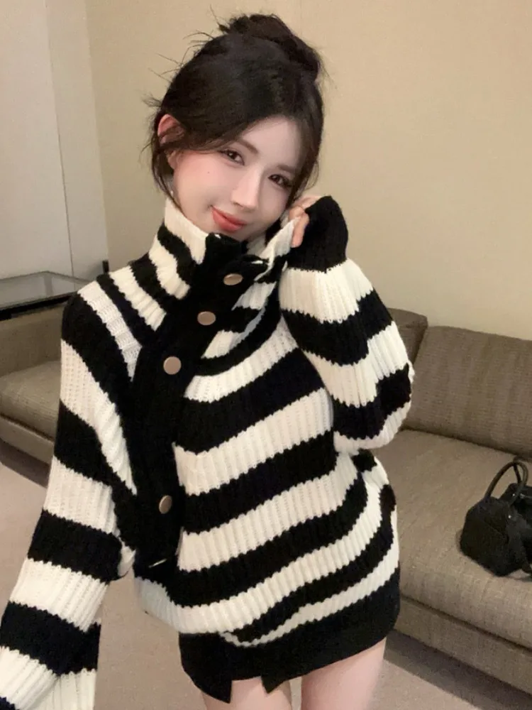 

Autumn Winter Lazy Style Irregular One Shoulder High Collar Striped Knitwear Women Sweet Spicy Loose Long Sleeve Top