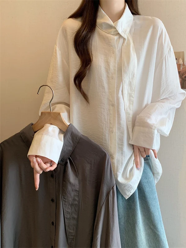 

Ele plus Size Women's Long Sve irt Autumn Faion Slim Fit Asymmetrical Top Trendy Commute Sle High Waist Design