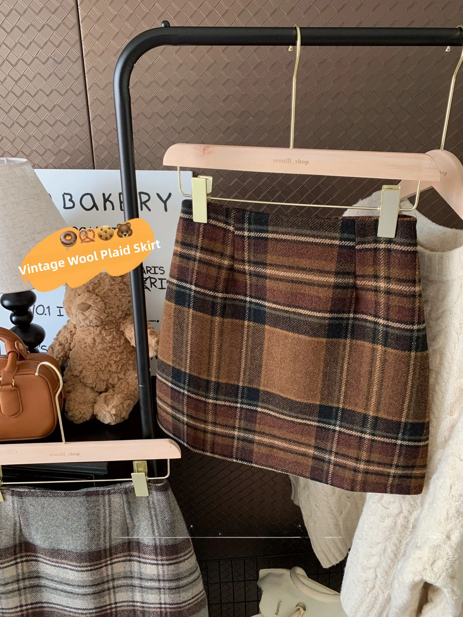 

Retro Korean Sle Contrast Color ey een Woolen Skirt High Waist Bodycon A-Line f-length Women's Skirt