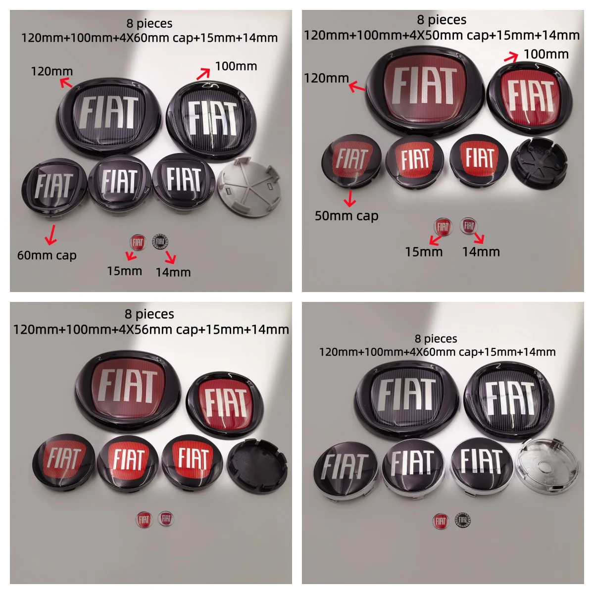 8 peças de emblemas para carro: Emblema para grade dianteira, Emblema para tampa do porta-malas, Calotas de roda de 100/120mm e 50/56/60mm para Fiat 500