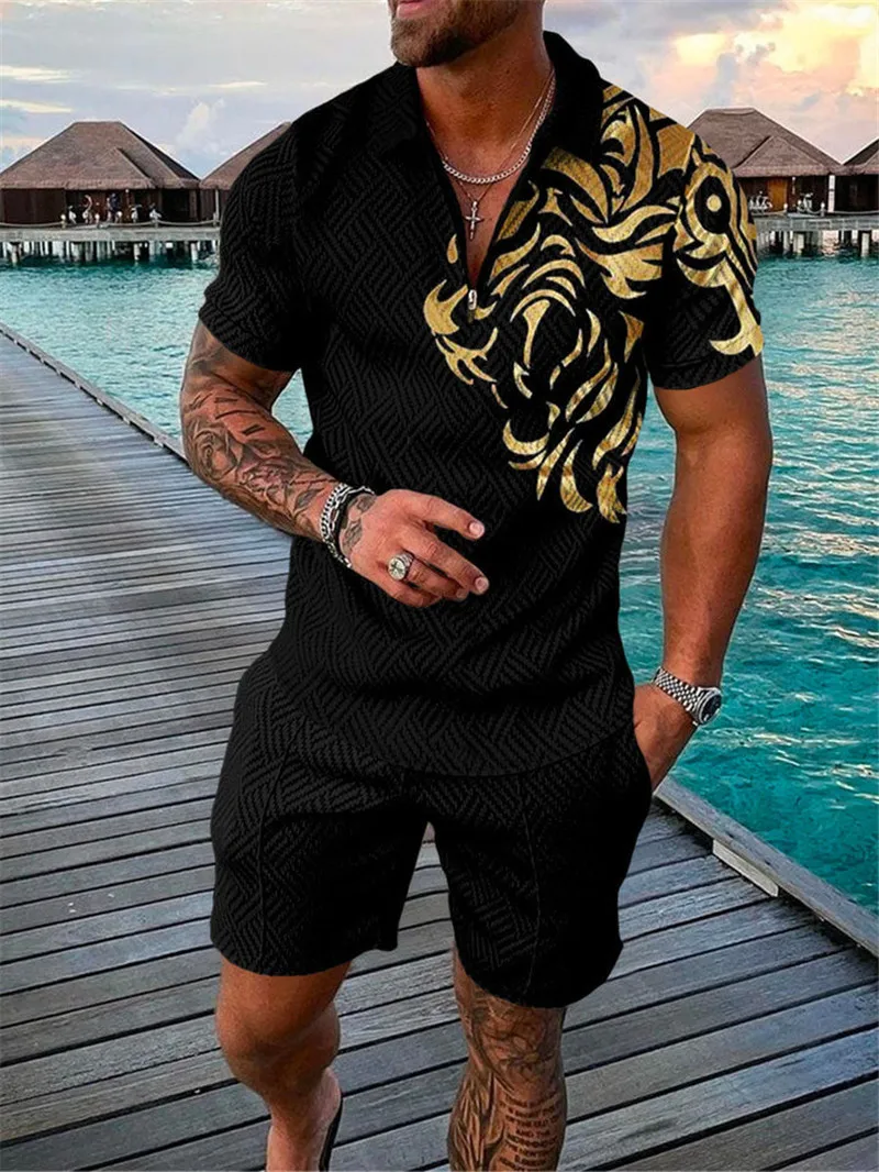 

Summer Men's Gold Series 3D Printed short-sleeved Zipper Polo Shirt + Shorts Set Men's Fashionable Casual Streetwear Set