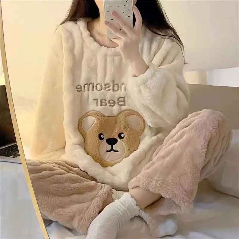 

flannel pajamas Women's winter two-piece set Korean version sweet cute student autumn coral fleece fleece-lined thicken homewear