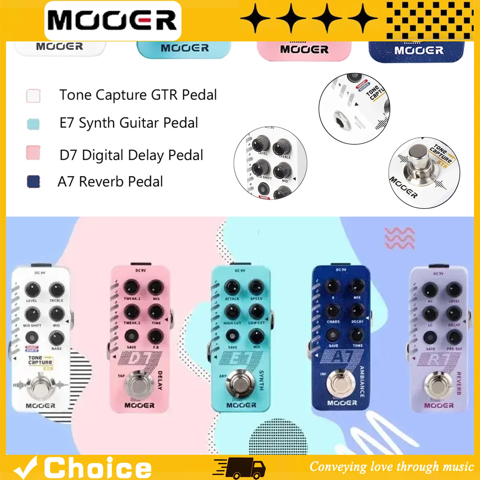 Pedal de Efectos para Guitarra MOOER R7 Reverb/Tone Capture/E7 Synth/A7 Reverb Infinite Sustain/D7 Delay Looper, Accesorio para Guitarra