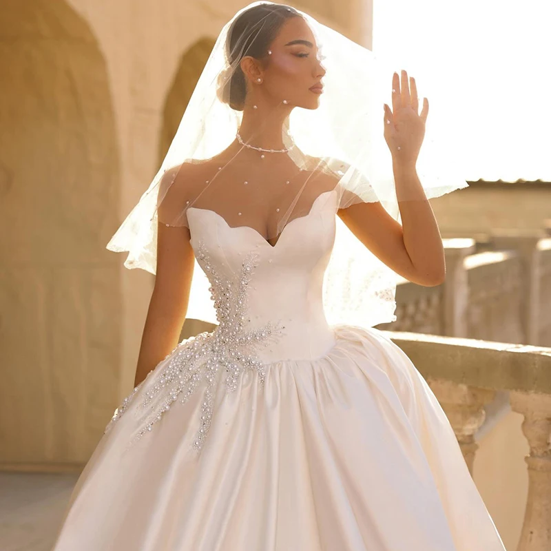 Robe de mariée trapèze pour femmes, tenue de mariée en cœur, sans manches, avec perles, robe de bal de mariage princesse, personnalisée, 2026