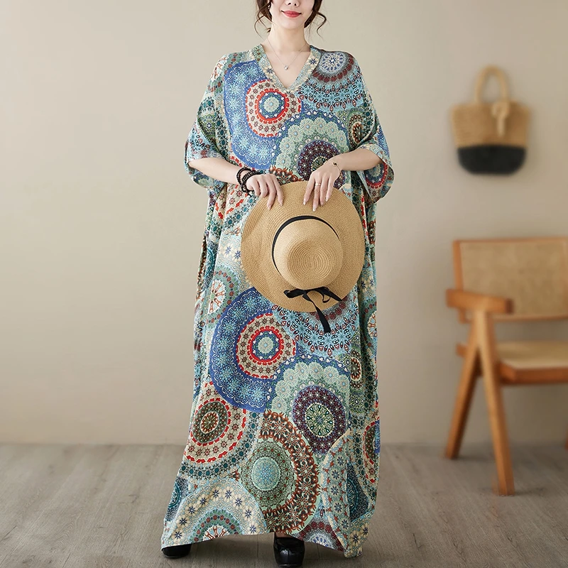 Letnia jedwabna długa spódnica plażowa z dekoltem w serek, luźna, plus size, maskująca niedoskonałości, słodka, z elastyczną talią, rękawami typu nietoperz.