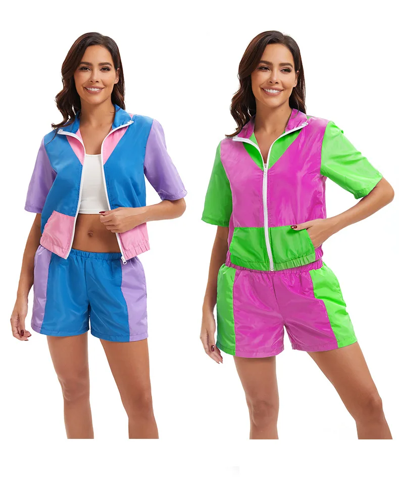 كرنفال ديسكو ريترو 80s العصرية الأزياء سستة المرأة الرياضية حزب مرحلة الأداء اللباس مجموعة