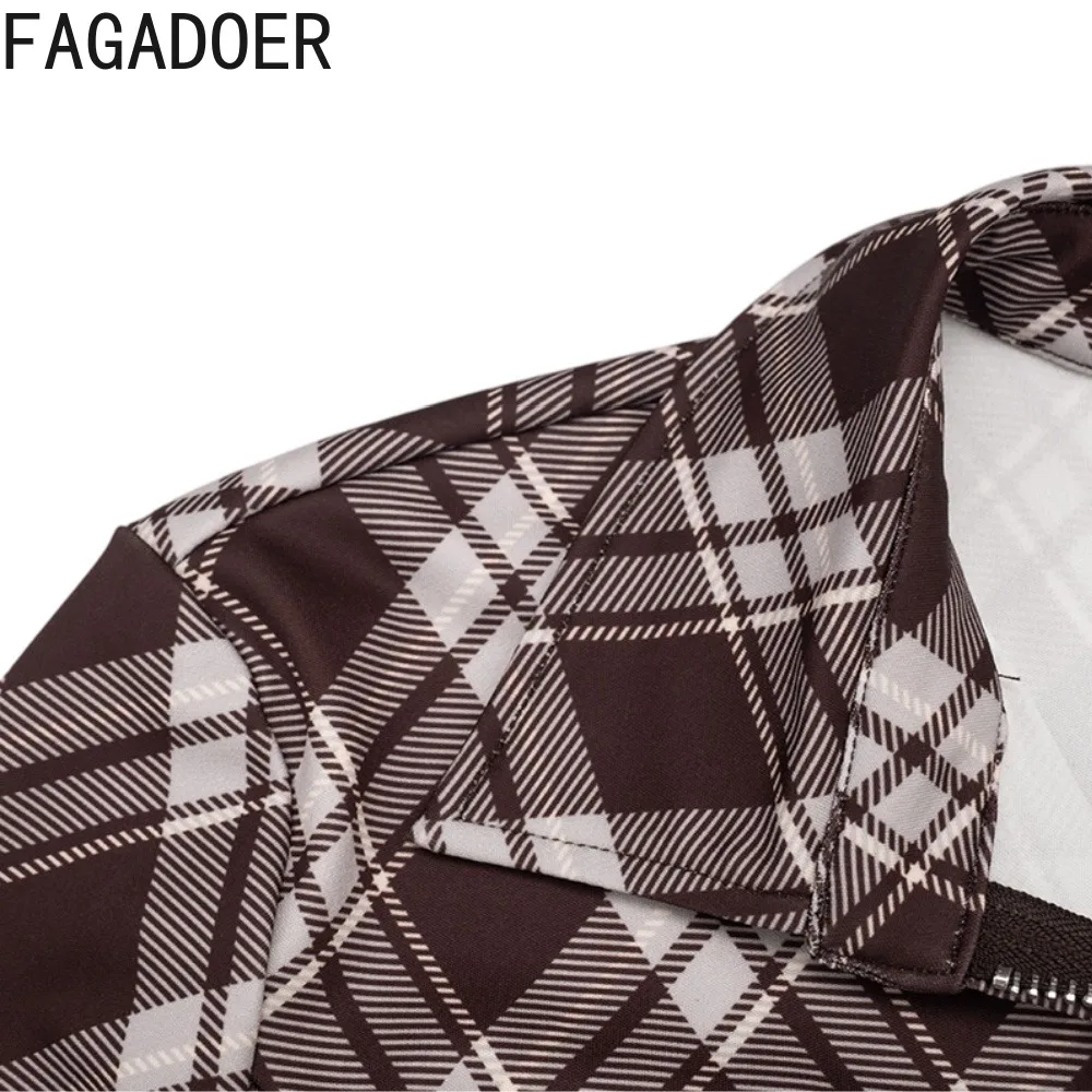 FAGADOER Women Vintage Plaid 2 Piece Set Collared Front Zip Long Sleeve Crop Top High Waist Bodycon Capri Pants Matching Outfit - view 6