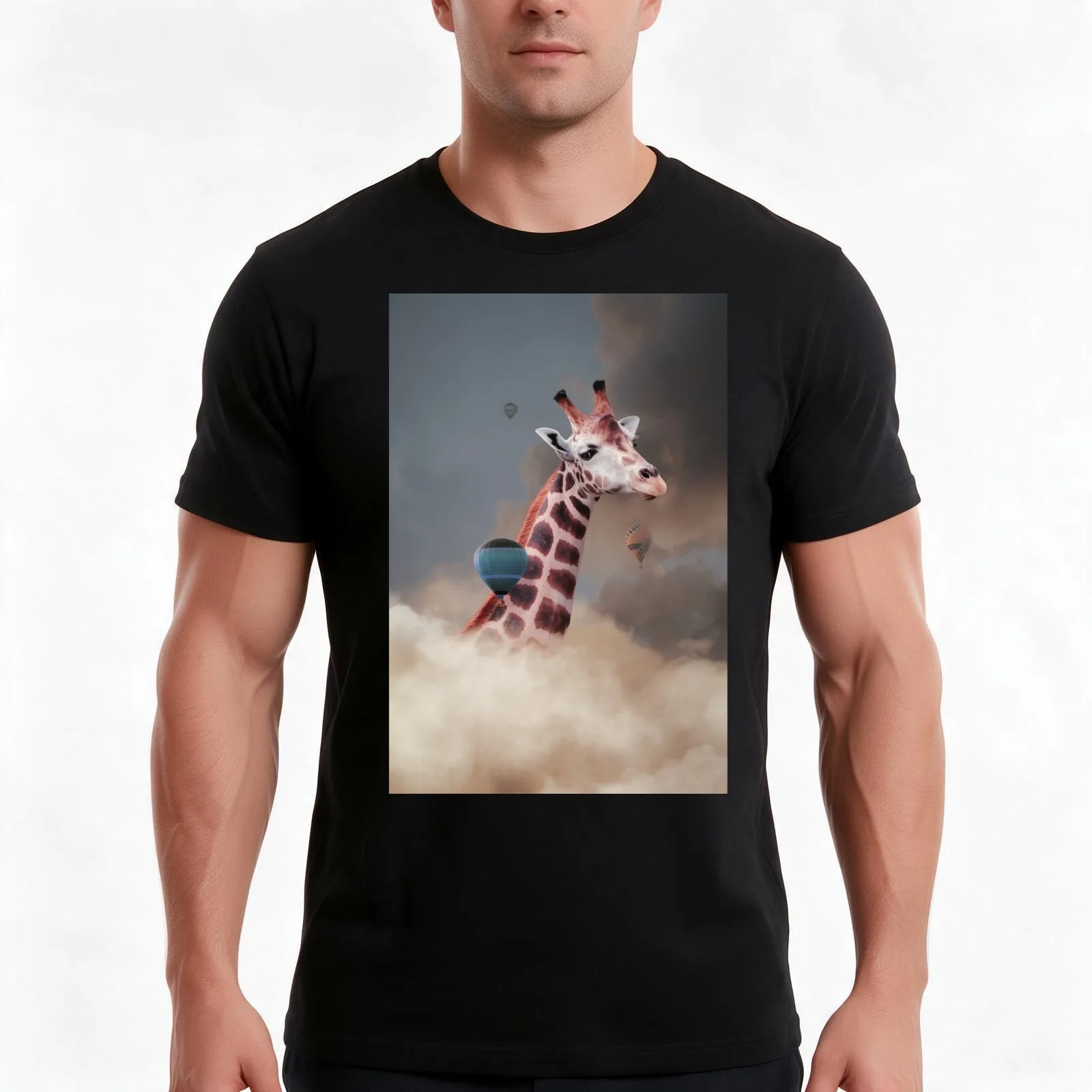 Head Above the Clouds II' - Reticulated Giraffe and Hot Air Balloons T-Shirt, Summer Casual Cotton Tee, Vintage Graphic Print