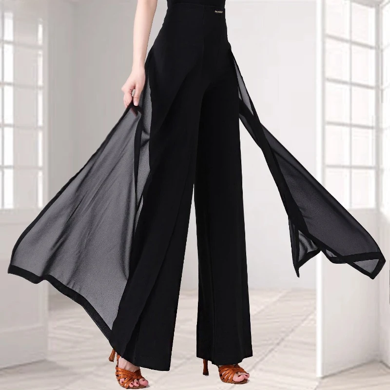 Pantalones de baile latino para mujer, novedad de verano, pantalones de pierna ancha de cintura alta para actuación de baile, pantalones con cinta flotante
