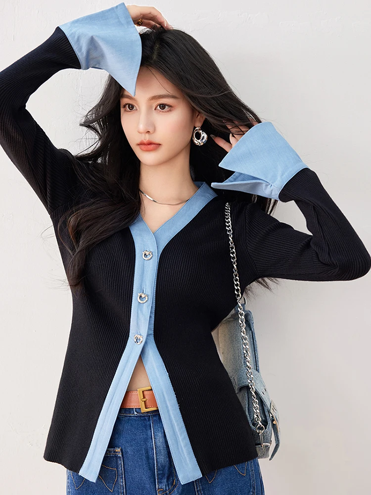 Maglione lavorato a maglia da donna autunno New Splicing Contrast Color top Cardigan lavorato a maglia con scollo a v delicato Fashion Niche Design