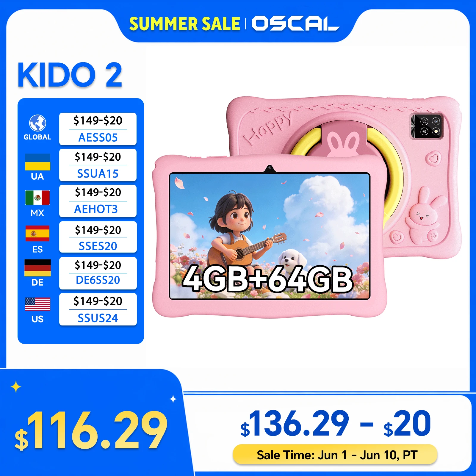 Blackview Oscal KIDO 2 Kids Smart Tablet 10.1 Inch 800*1280 HD Display 6600mAh Long Battery Life A133P CPU Android Tablet