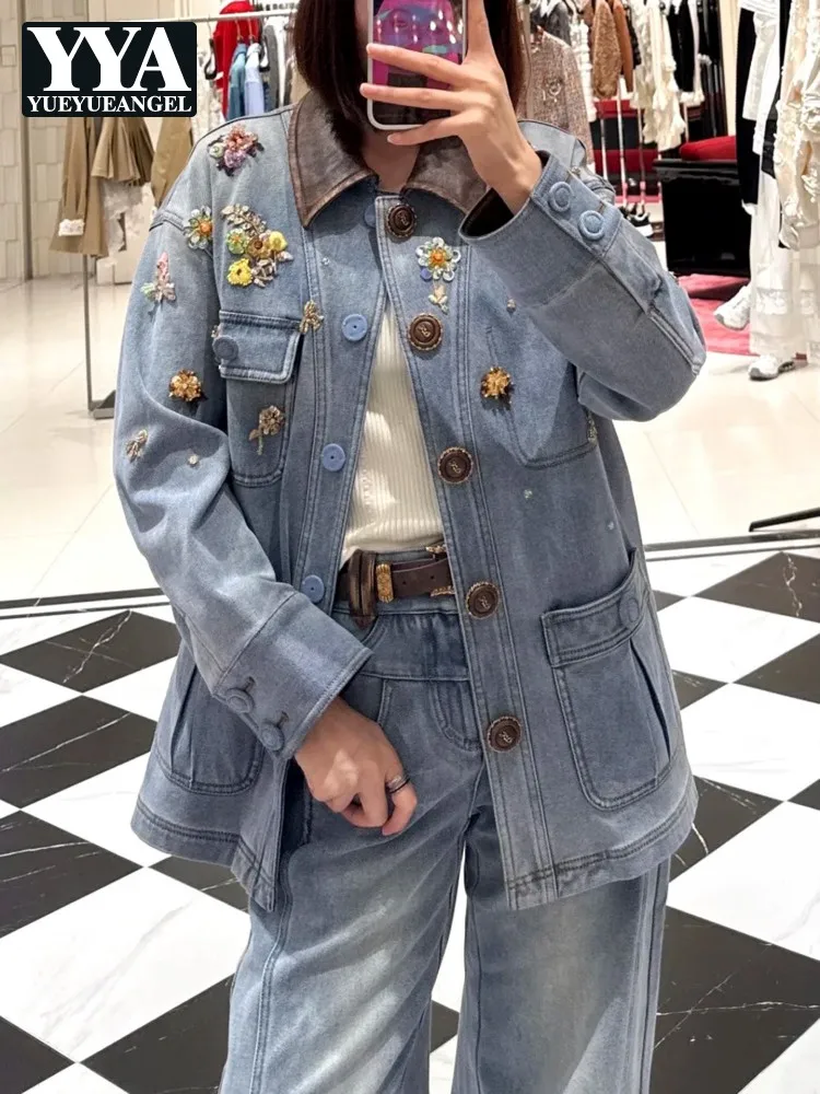Women Applique Beading Padded Lining Warm Denim Jacket Single Breasted Lapel Coat Fashion Casual Long Sleeve Outerwear Hot Sale