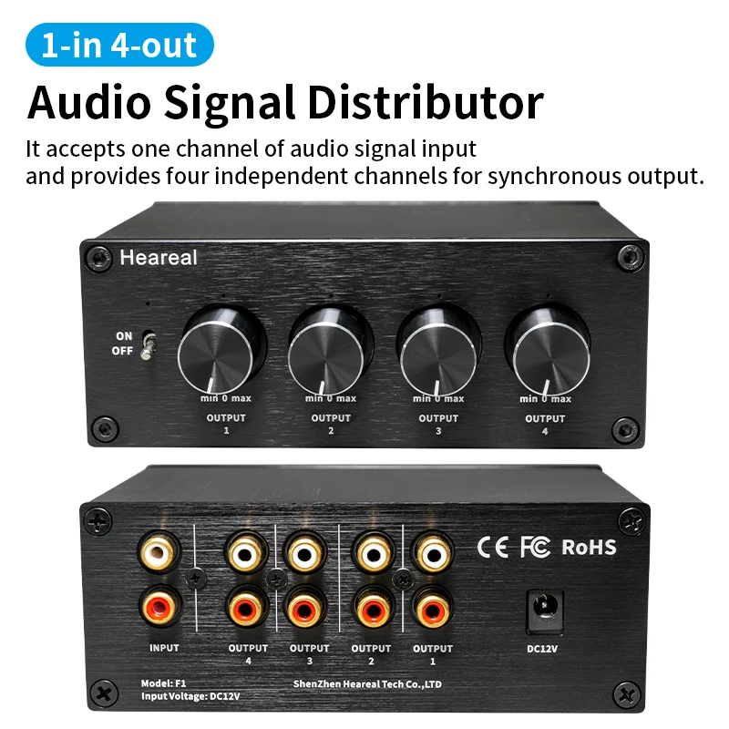 1 in 4 Out RCA Audio Splitter Box, HiFi Stereo Distribution Amp with Independent Volume Control, Gold-Plated