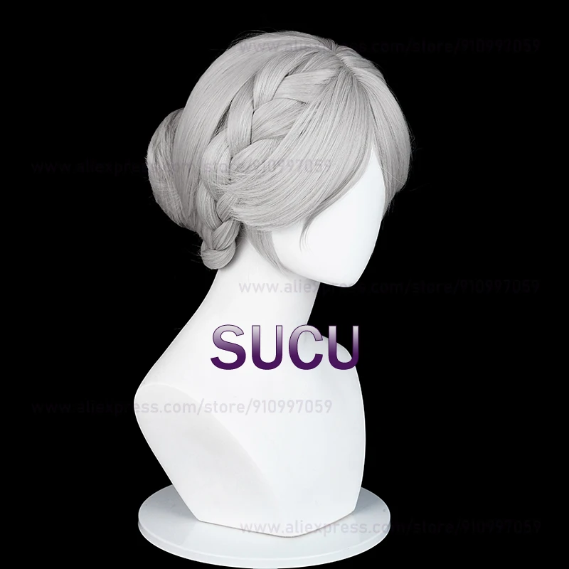 V Peruca Cosplay para Mulher, Sangrenta, Queen Mary, Cabelos Cinzentos, Resistente ao Calor, Perucas Sintéticas e Boné de Peruca, 43cm