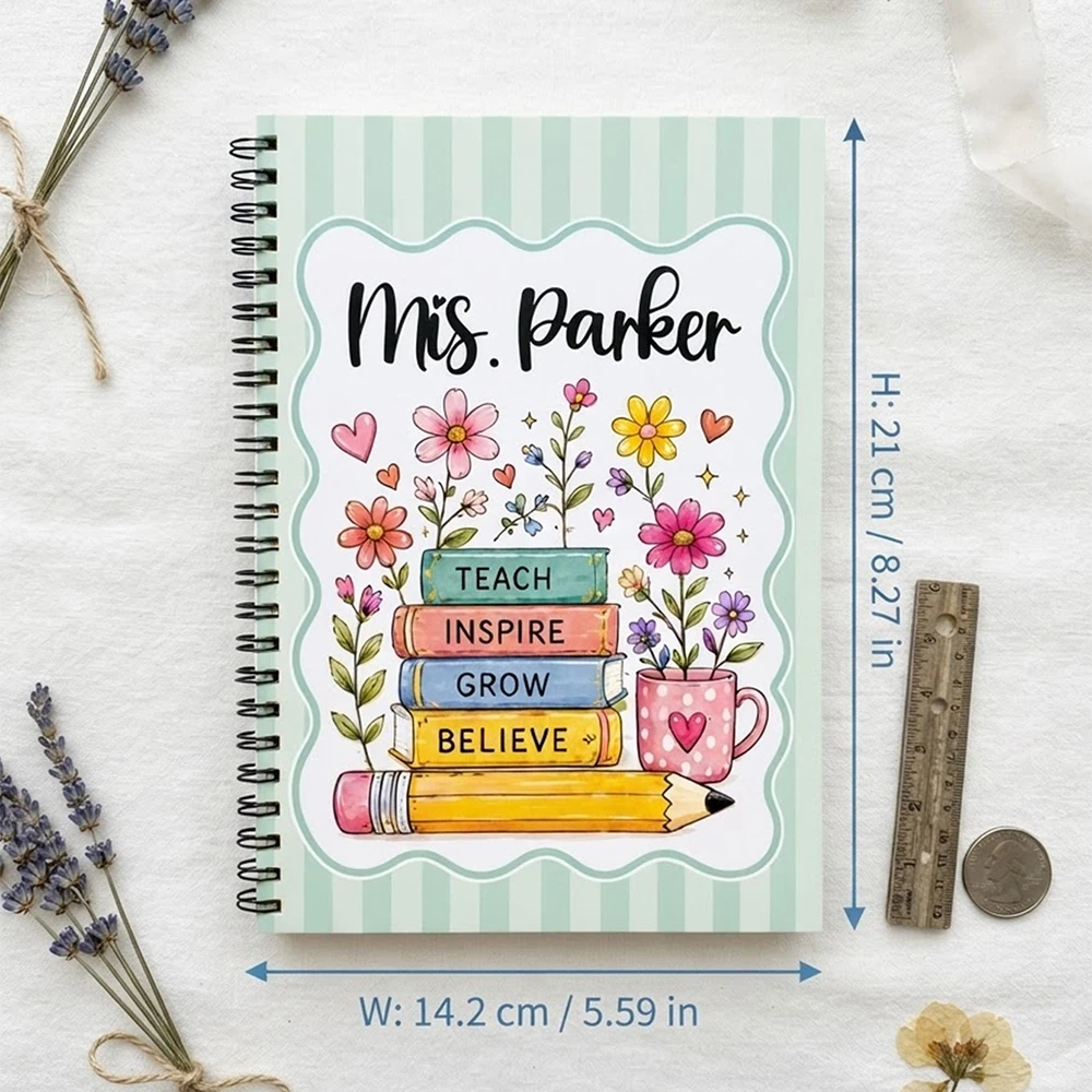Custom Name Floral Book Spiral Notebook,Stripe Pencil Design Journal,Personalized Teacher Notepad,Teacher Appreciation Gift
