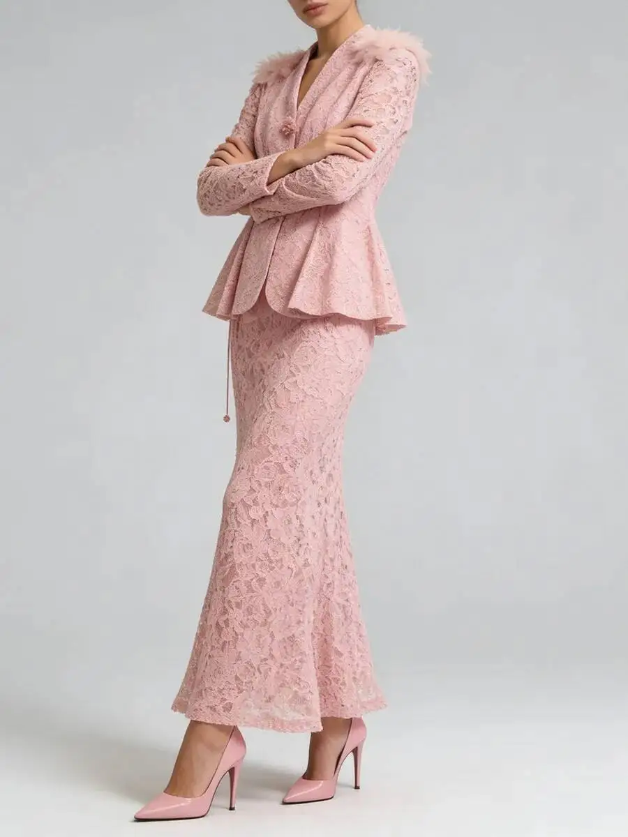 FANAN Pink Lace Two Piece Sets For Women V Neck Long Sleeves Spliced 3D Flower Top High Waist Skirt Elegant Set Female 2026 New view 4