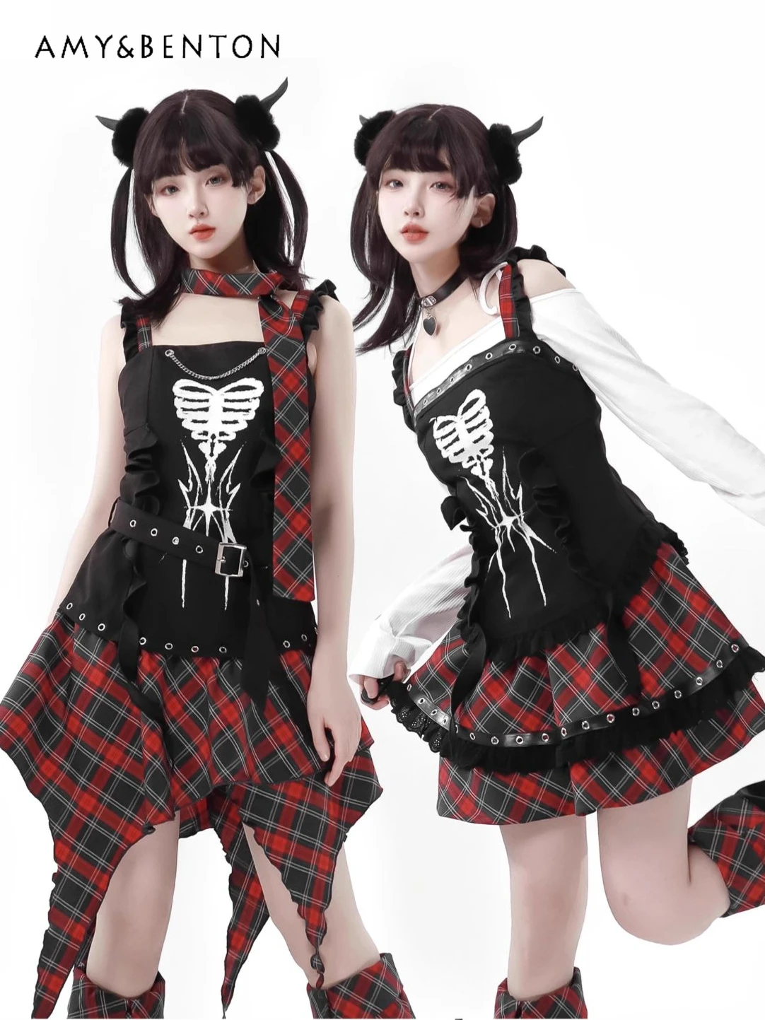 Subculture Lolita Skirt Sets Women Spring and Summer Sexy Off-Shoulder Long-Sleeved Top Irregular Plaid Skirt Y2K Two-Piece Sets