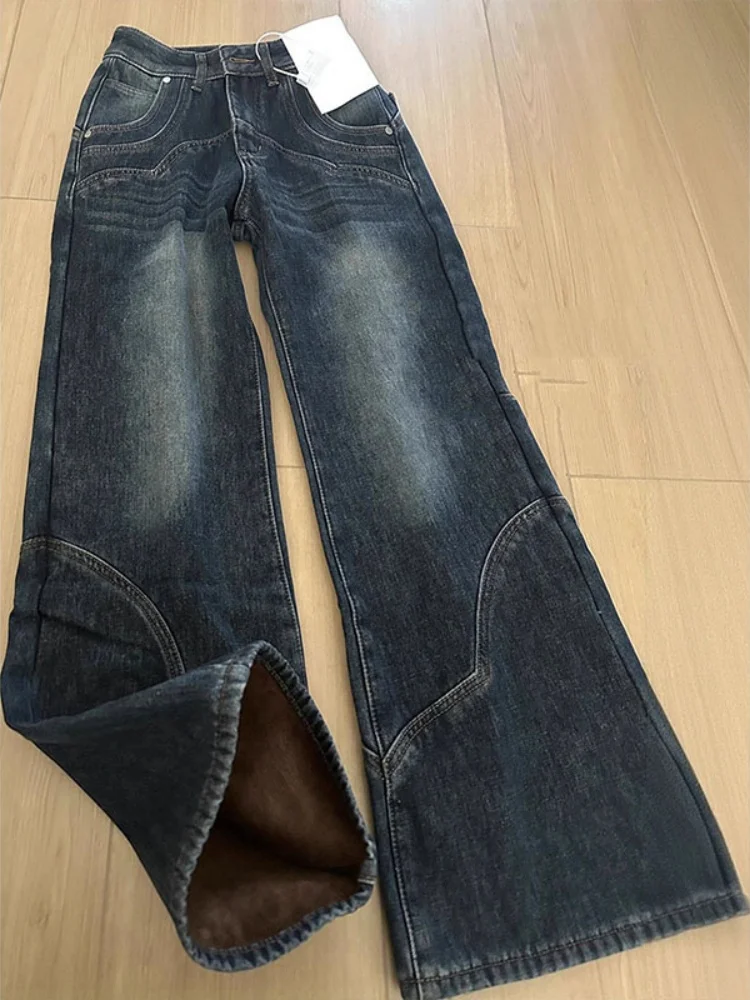 

American Retro Fleece Lined Flared Jeans Women's Autumn Winter Large Size Fat MM Washed Draping Floor Length Pants