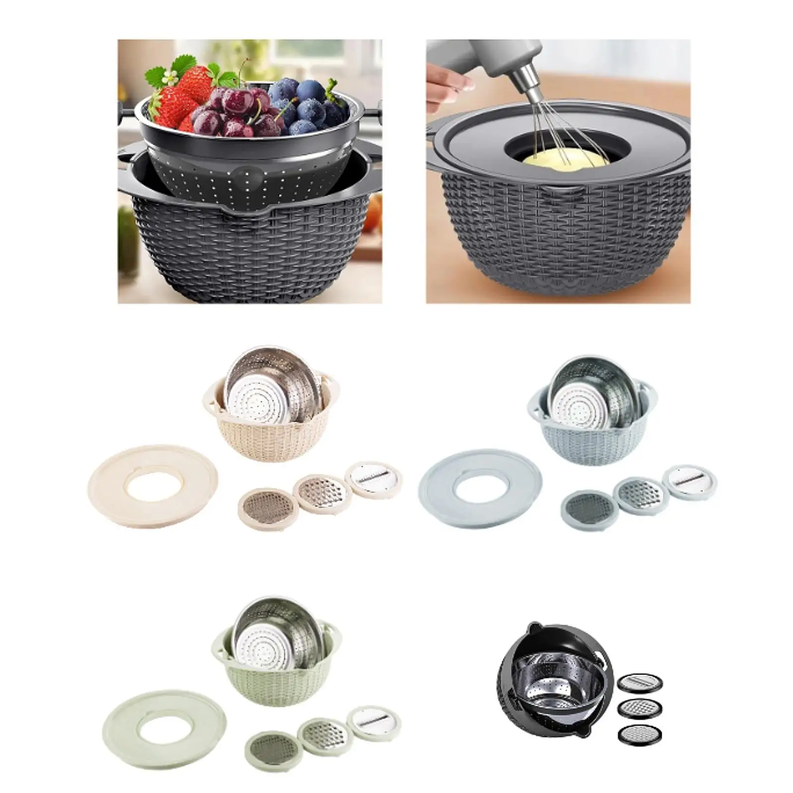 Kitchen Colander Set Fruit Cleaner Rust Resistant Utility Pasta Strainer Vegetable Slicer for Baking Grating Slicing Cooking
