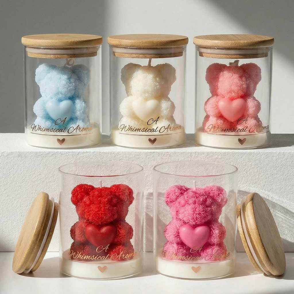 Rose Bear Candle Soy Wax Glass Jar Scented Candle Romantic Valentine Gift Birthday Wedding Home Decor Heart Shape Teddy Candle
