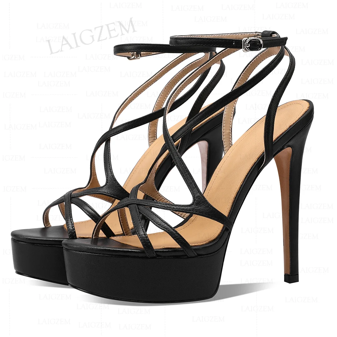 

LAIGZEM Quality Women Platform Sandals Real Leather Open Toe 13CM Thin High Heels Pumps Handmade Lady Shoes Woman Size 33 38 40