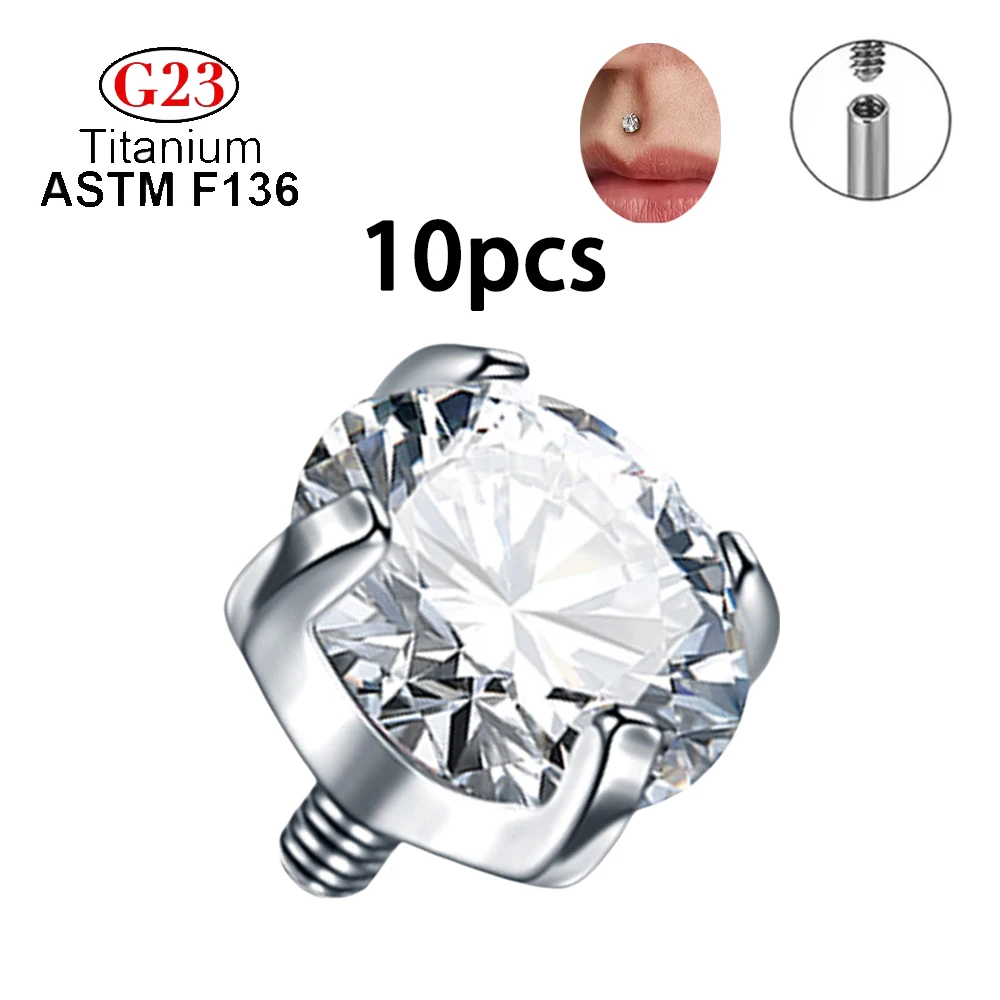 10/50pcs G23 Titanium Crystal zircon Microdermal Piercing Labret Lip Stud  Dermal Anchor Top Internally Thread Ends Body Jewelry