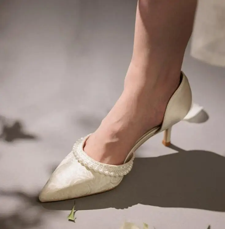 Beige White Flower Satin Pearls Mary Jane Single Pumps Women Chunky Heels Mesh Bandage Summer High Heel Shoes view 3