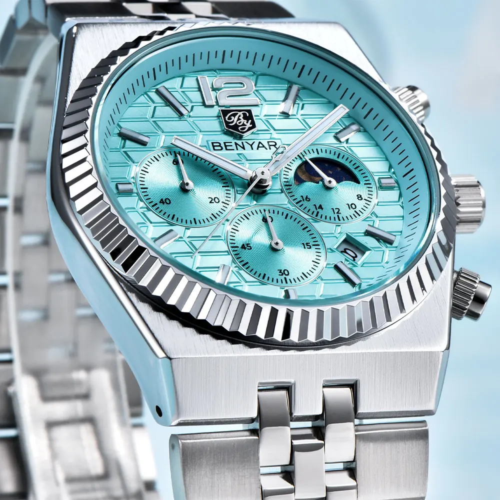 

BENYAR Новые 5225 Кварцевые Наручные Часы 40 мм Мужские Часы Многофункциональные Спортивные Водонепроницаемые Хронограф Сапфировое Стекло Наручные Часы Подарок