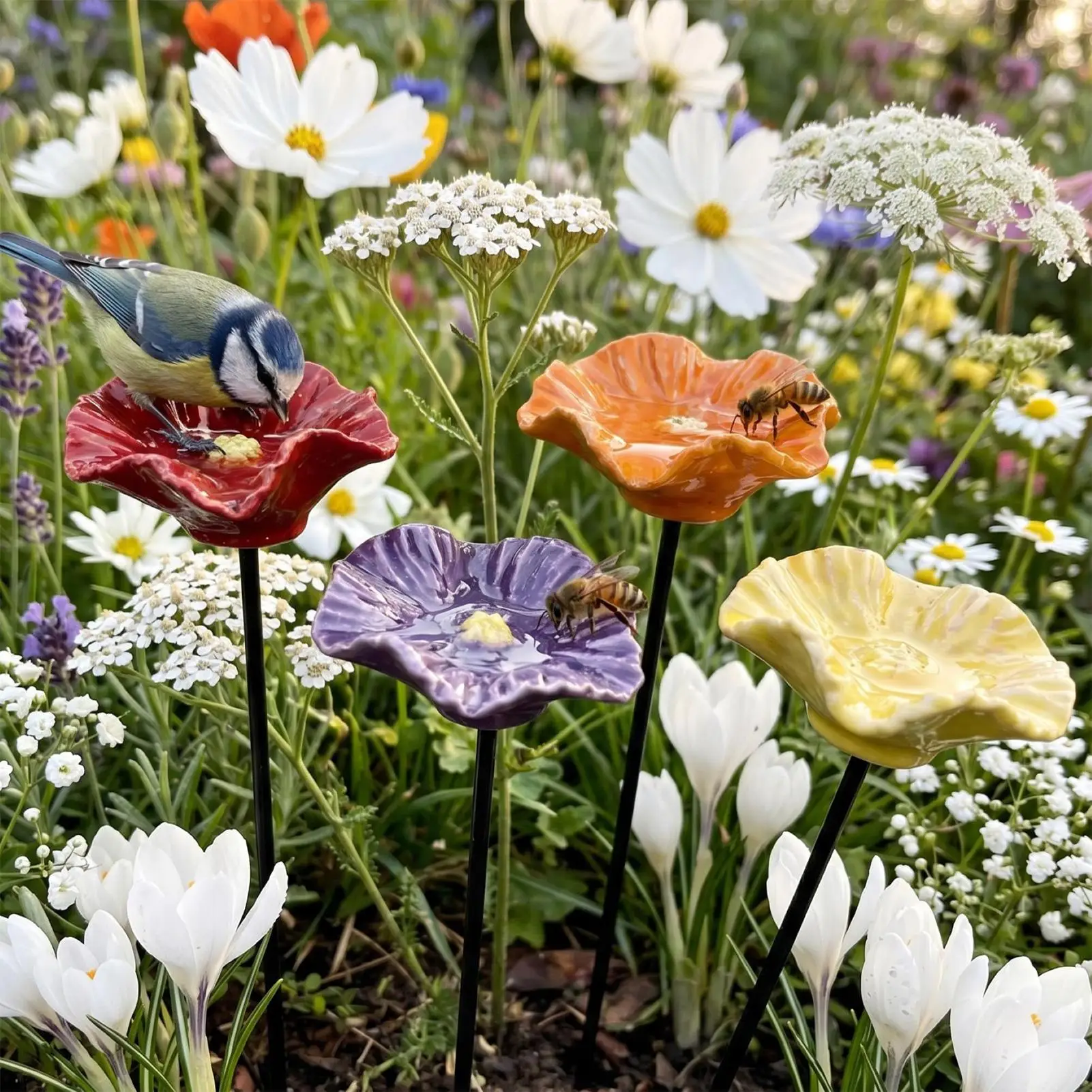 Bee Watering Station 4 Pieces Flower Bee Bath Butterfly Drinking Bowl for Gardeners Homeowners Animal Lovers Patio Lawn Backyard