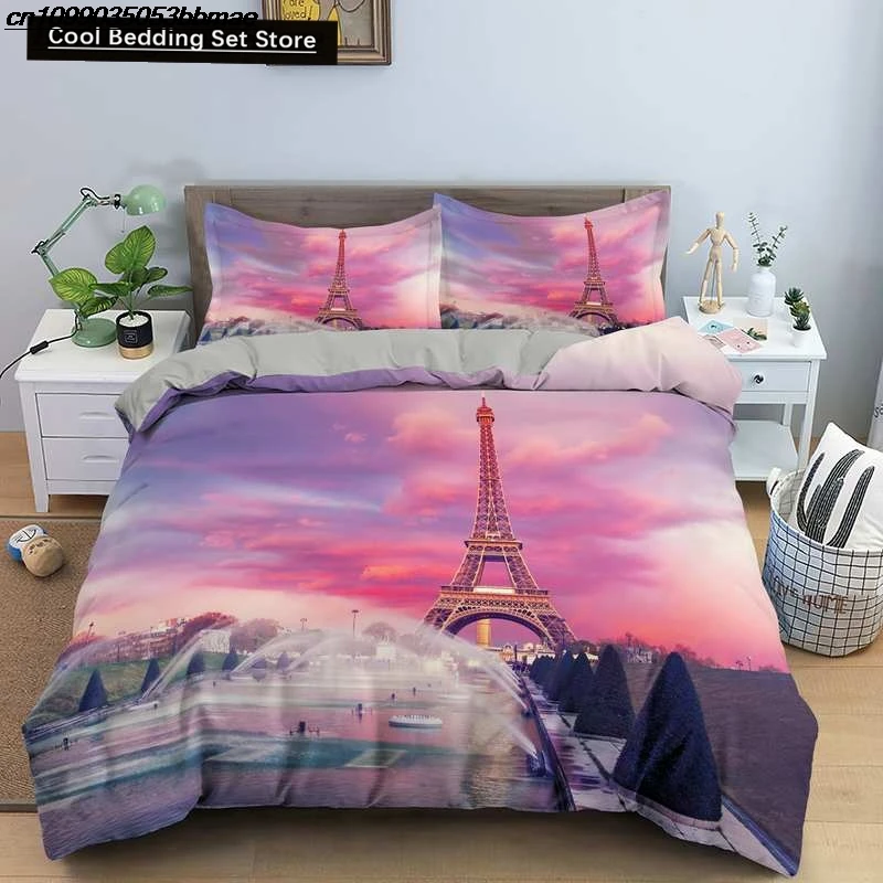 

Paris Tower King Queen Duvet Cover Famous Buildings In France Bedding Set for Adults Pink Romantic 2/3pcs Polyester Quilt Cover