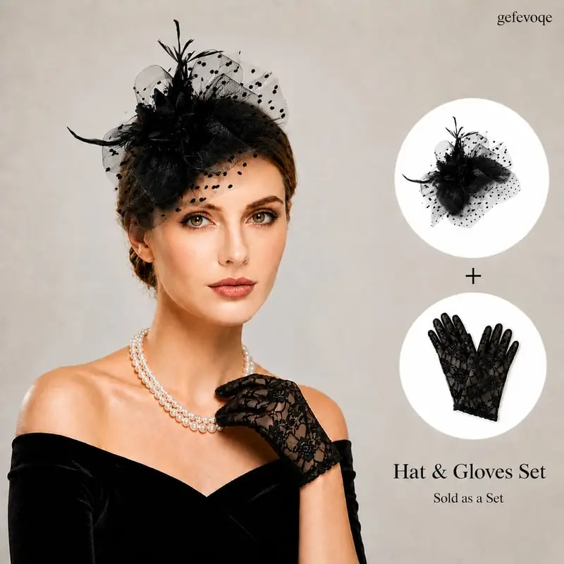 2PCS Fascinator Hat and Lace Gloves Set Elegant Womens Headwear for Tea Party Wedding Derby