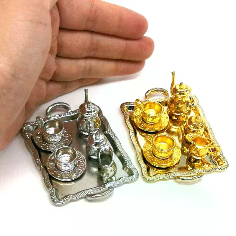10pcs 1: 12 Dollhouse Furniture Cup Miniature Dining Ware Metal Tea Plate Set For Kids Pretend Play