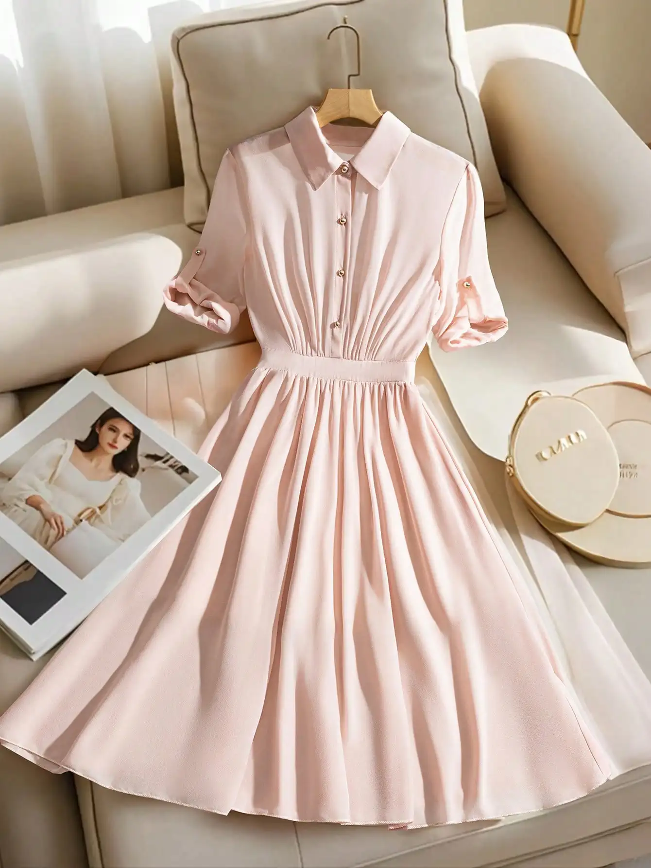 EMERY ROSE Vestido de manga larga de color liso de longitud media para mujer, ropa moderna para verano y otoño para mujer