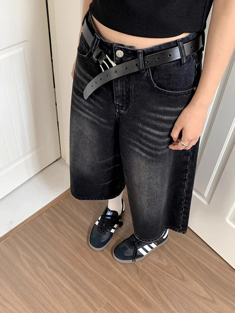 High Waist Black Retro Washed Denim Shorts Women\'s Harajuku Vintage Fashion Casual Loose Y2K Streetwear Mid Long  Wide Leg Pants