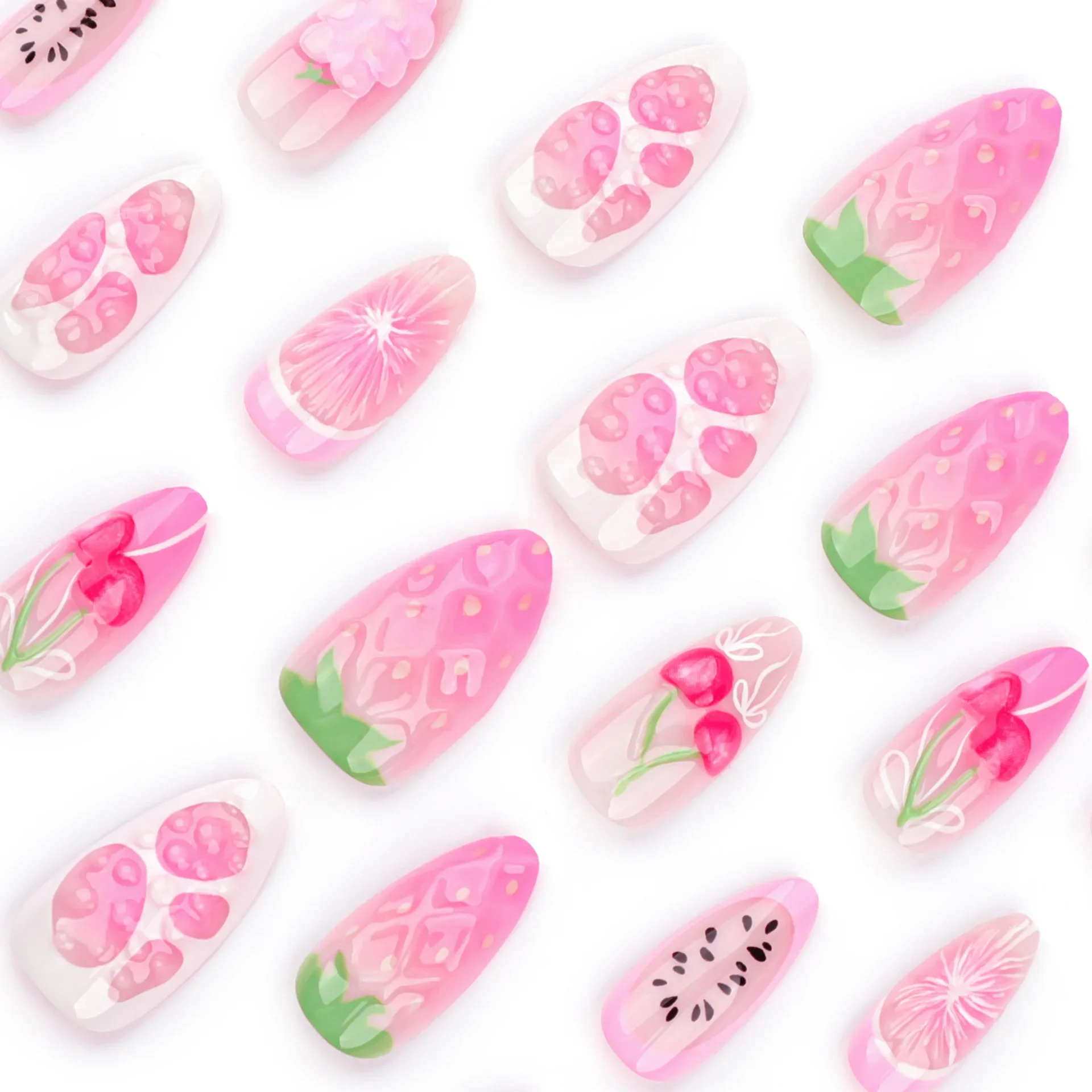 Droplet Pink Cherry Strawberry Lemon Grape Pitaya Fruit Nail Art False Nails Detachable Finished Fake Nail Bowknot Press on Nail