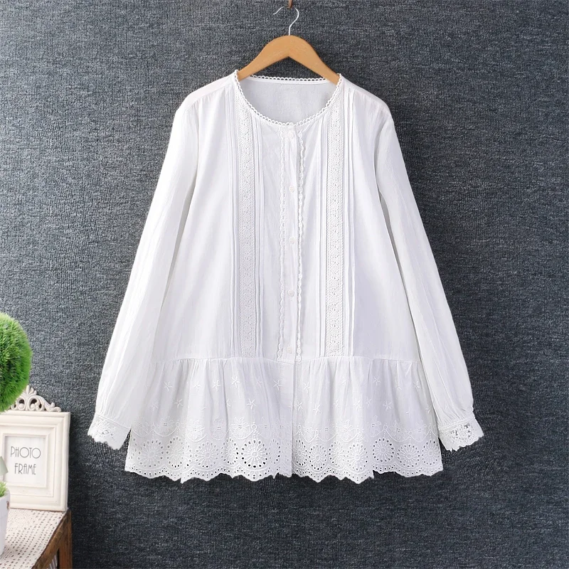 Spring Sweet Mori Girl Solid Color Embroidery Shirt  for Woman Long Sleeve Casual Cotton White Tops